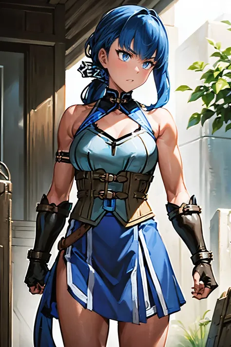 ((((((iron breastplate)))))), (((no-connected two corsets in blue cloth, wide-set two corsets between blue cloth, many belts with porch:1.3))), (((BLUE SKIRT, two white line skirt:1.3))), (((iron gauntlets and brown fingerless gloves, many belts of arm rin...