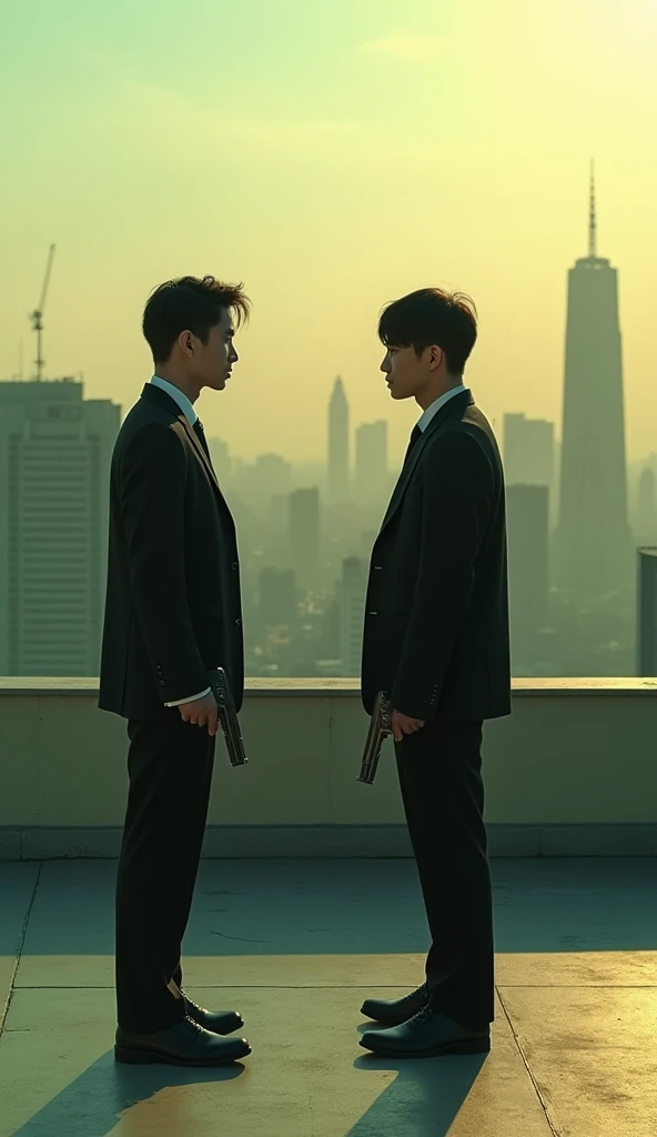 "A wide-angle view of a rooftop platform higher than the surrounding buildings. Two young men stand apart at a noticeable distance, facing each other. One is Asian, and the other is European. Both are dressed in relaxed suits and holding handguns, creating...