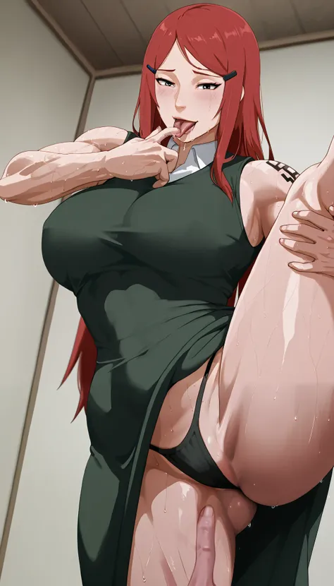 masterpiece, highest quality, Beautiful woman, whole body, Detailed hairstyle, sweating, Mature Woman, indoor, Kushina Uzumaki, Red Long Hair, hair clip on left side, large breasts, thick muscular thighs, curvy hips, thong,  high-collared, sleeveless blous...