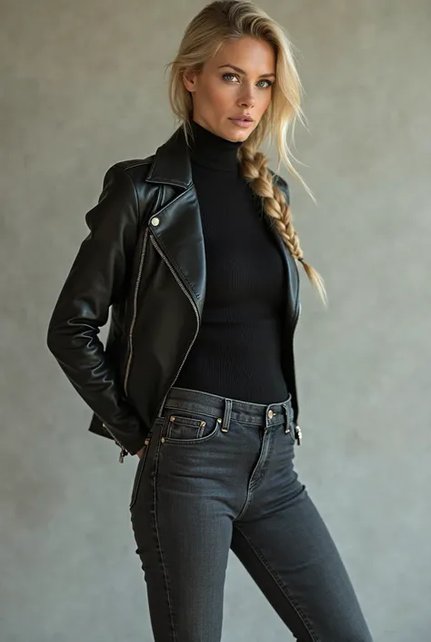 A hot thin blond MILF (Full body shot: 2.0). She is wearing belted dark jeans, black leather flat knee boots, a black turtleneck wool sweater, and a black leather jacket. French braid on shoulder hair style. Look of desire.  (hands behind her back: 5.0). 