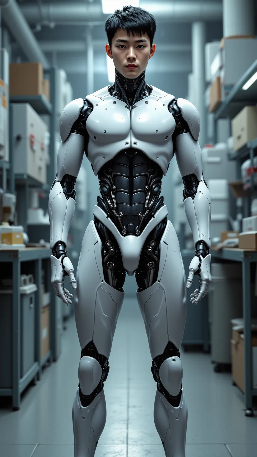 A South Korean handsome male star male high school student bionic robot，Slim Short Hair ，Square pectoral muscle ， bulging abs ，（Wakakaki's lovely face）， thin body， Shoulder width ，Narrow waist， inverted triangle body ，Tight-fitting body length， five finger...