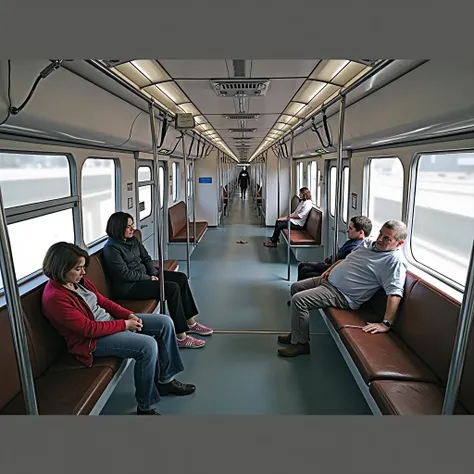 A dimly lit commuter line train at night with an eerie atmosphere. The interior is mostly empty, with a few passengers sitting stiffly and unnaturally still, their heads bowed. The train's fluorescent lights flicker occasionally, casting unsettling shadows...