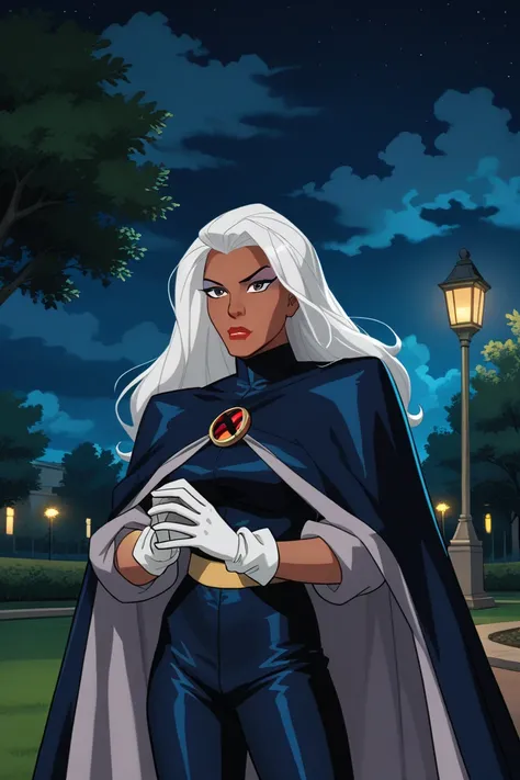 source_anime, source_cartoon, rating_safe 1girl, solo storm, dark skin, long hair, white hair, dark-skinned female, makeup, lipstick, white gloves, superhero outfit, long cape, cape covering whole body, standing, park, cloud, night, 