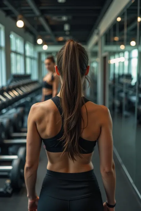 Photo from behind reflective girl fearlessly looking at dumbbells in gym