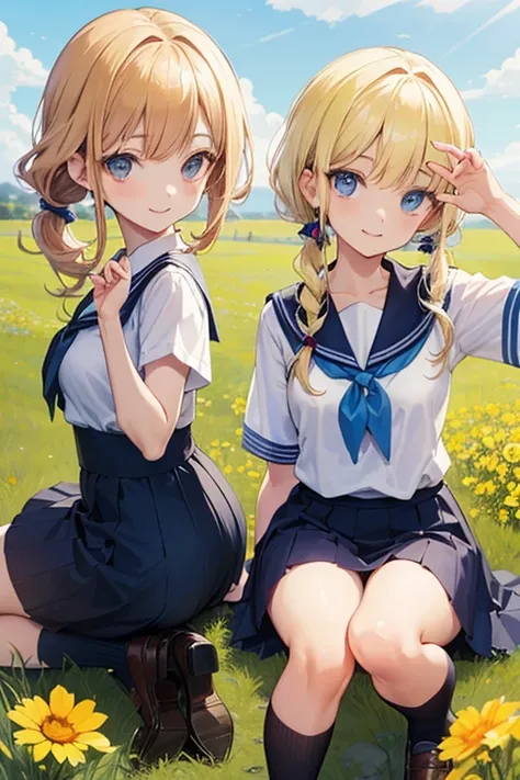 high quality, masterpiece, Anime girl (ethnicity:1.0), (age:13.8), (detailed clothing:1.2), (accessories:1.1), (hair color:light blonde), (hair style:two pigtails), (facial features:1.3), (expression:1.2) (smile:1.1), (body type:1.1), (pose:1.2) crouching ...