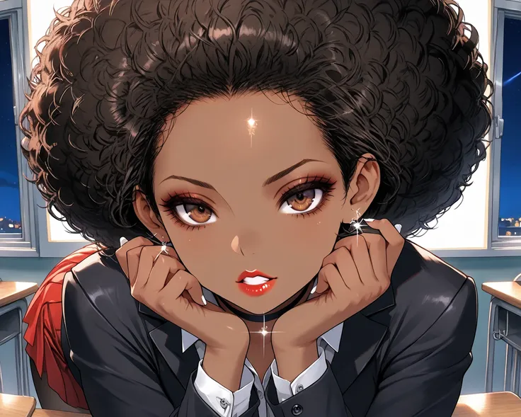 1Woman, Mature, Adult, Ebony, African American, Dark Brown Skin, Jet Black Curly Afro, Afro Pulled Back, Shiny Hair, Forehead, Bright Brown Eyes, White Nails, Red Lips, Dark Brown Eye Shadow, Red Mini-Skirt, Black Blazer Jacket, White Inner Shirt, Black Pa...