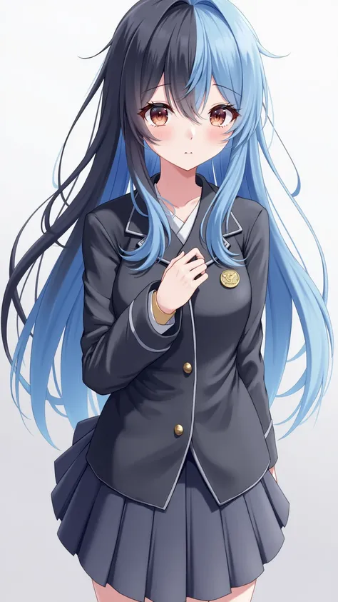  anime girl in a Japanese uniform has two-tone hair ,  white on the left and black on the right, Left is blue and right is black,  Wore a Japanese uniform ,  long hair 