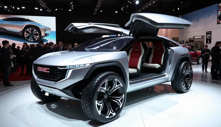 A futuristic GMC Hummer EV Concept with open doors, displayed at an auto show under bright lights. The vehicle has a sleek, angular design with a metallic silver finish, massive wheels with intricate rims, and a bold illuminated front grille. The interior,...