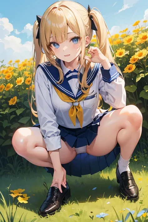 high quality, masterpiece, 1girl (ethnicity:1.0), (age:13.8), (detailed clothing:1.2), (accessories:1.1), (hair color:light blonde), (hair style:two pigtails), (facial features:1.3), (expression:1.2) (smile:1.1), (body type:1.1), (pose:1.2) crouching on gr...