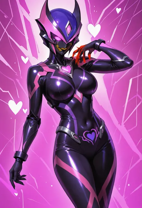 Dark UltraWoman. （high quality）（luster）（(Black Face and red eyeline)）（Black thema color. Purple thema color. black helmet. A full-face helmet. Pink lines. Purple glowing mechanical eyes. The whole body is covered with a black bodysuit. Thick legs. Spike de...