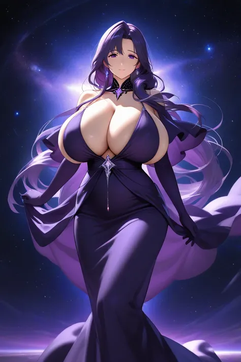 Mature female, big breasts, huge breasts, Graceful body, long hair, Blackish purple hair, violet eyes, long Gloves, Noble dress, Outer space