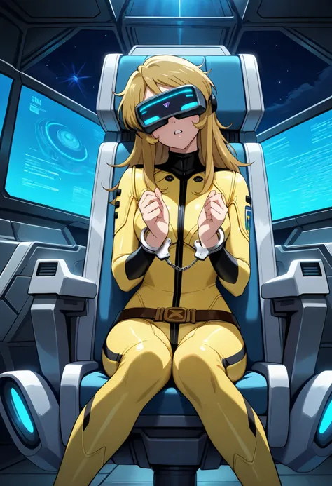 (masterpiece, best quality), , 1girl, fyuk1, solo, mori yuki, blonde hair, head mounted display, long hair, a troubled face, parted lips(teeth), front view, looking away, head tilt, yellow_bodysuit, spacecraft, outdoor, sitting on chair, leaning, hands on ...