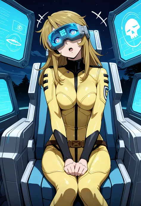 (masterpiece, best quality), , 1girl, fyuk1, solo, mori yuki, blonde hair, head mounted display, long hair, a troubled face, open mouth, front view, looking away, head tilt, yellow_bodysuit, spacecraft, outdoor, sitting on chair, leaning, hands on chair (,...