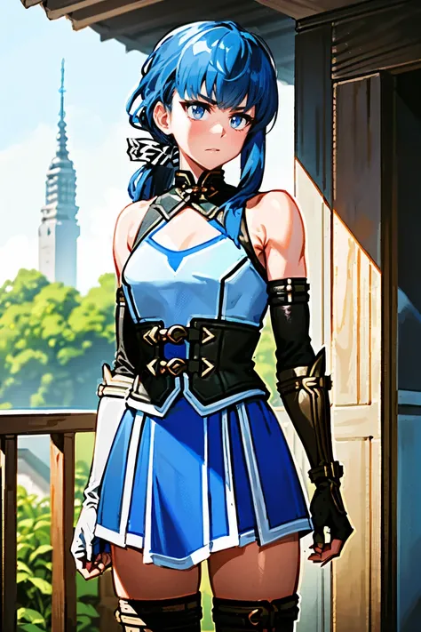 ((((((iron breastplate armor)))))), (((no-connected two corsets in blue cloth, wide-set two corsets between blue cloth, many belts with porch:1.3))), (((BLUE SKIRT, two white line skirt:1.3))), (((silver gauntlets and brown fingerless gloves, overlapping b...