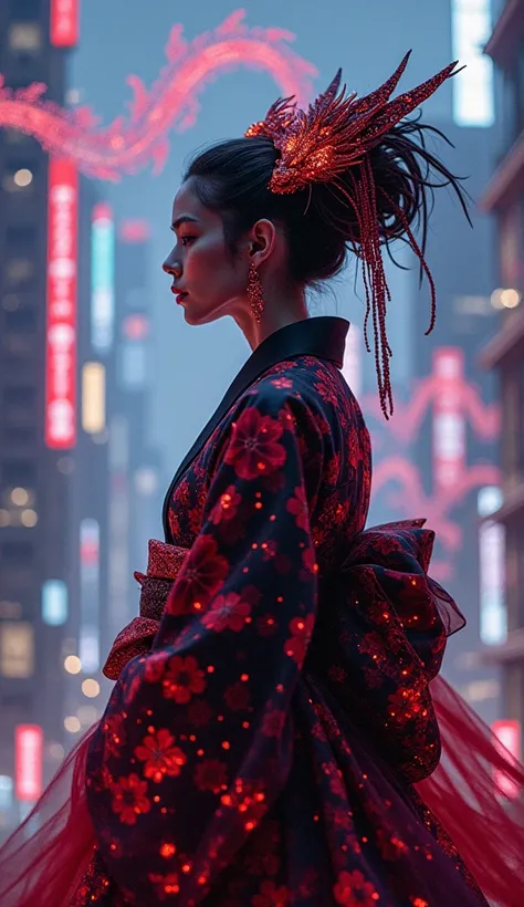 A cyberpunk queen in a black and red kimono infused with digital silk, displaying glowing sakura patterns. Her AI-driven floating headdress shifts its shape dynamically. She rules from a towering neon metropolis, where holographic dragons swirl in the sky