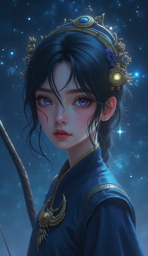  A young mystic who is a Sagittarius 。 The symbol of that zodiac sign is reflected in her eyes 。,  in輝く不思議なポーズ .  She is an intense light surrounded by starry skies  ,  in、 The symbol of a bow and arrow stands out in the background Surrounded by a starry s...