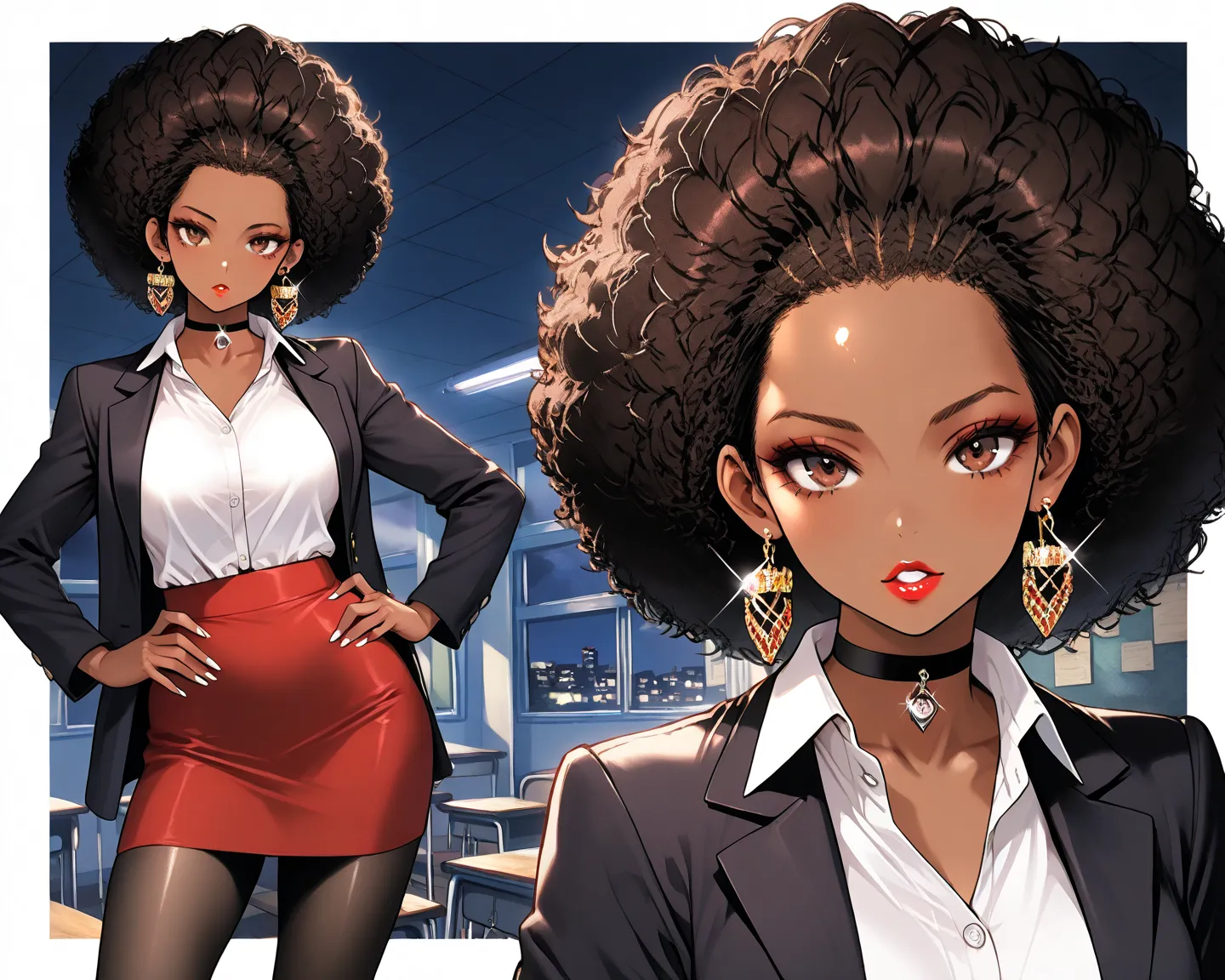 1Woman, Mature, Adult, Ebony, African American, Dark Brown Skin, Jet Black Curly Afro, Afro Pulled Back, Shiny Hair, Forehead, Bright Brown Eyes, White Nails, Red Lips, Dark Brown Eye Shadow, Red Mini-Skirt, Black Blazer Jacket, White Inner Shirt, Black Pa...