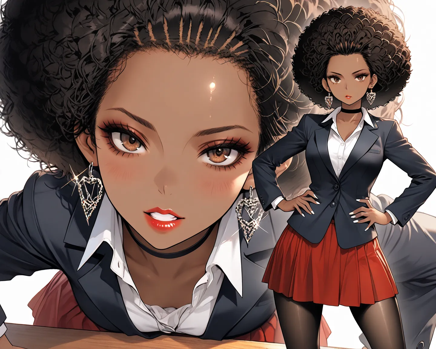 1Woman, Mature, Adult, Ebony, African American, Dark Brown Skin, Jet Black Curly Afro, Afro Pulled Back, Shiny Hair, Forehead, Bright Brown Eyes, White Nails, Red Lips, Dark Brown Eye Shadow, Red Mini-Skirt, Black Blazer Jacket, White Inner Shirt, Black Pa...