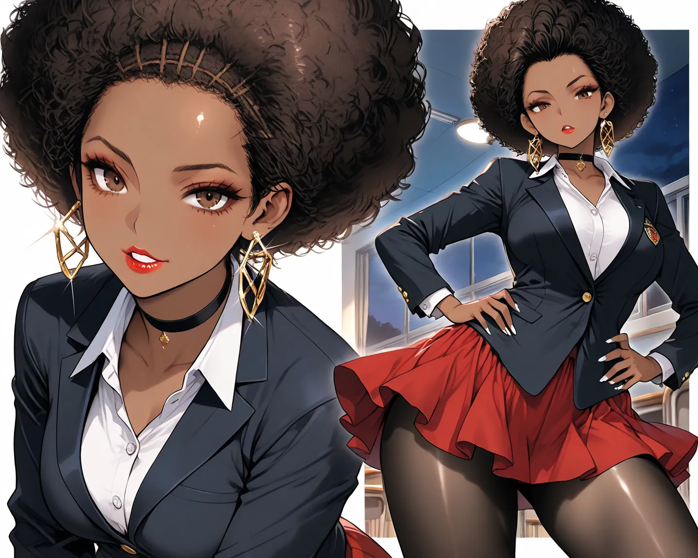 1Woman, Mature, Adult, Ebony, African American, Dark Brown Skin, Jet Black Curly Afro, Afro Pulled Back, Shiny Hair, Forehead, Bright Brown Eyes, White Nails, Red Lips, Dark Brown Eye Shadow, Red Mini-Skirt, Black Blazer Jacket, White Inner Shirt, Black Pa...