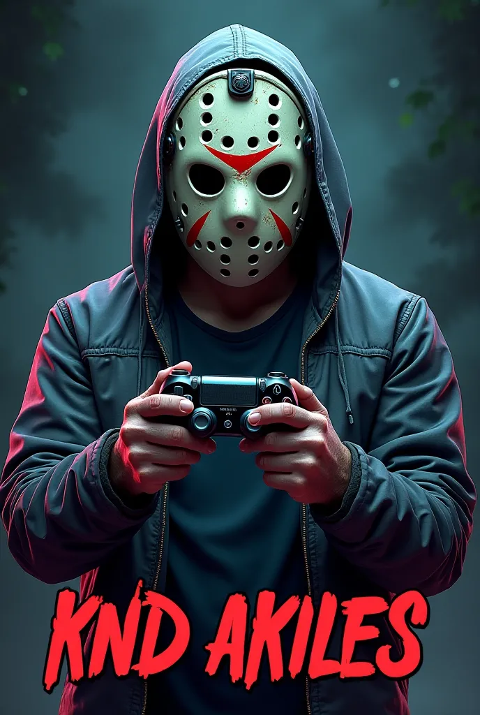  Create me a Mascot where the mascot is Jason Voorhees gamer and below it has the letters " KND AKILES  "