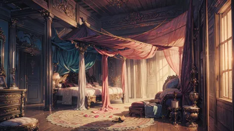 Best quality, masterpiece, ultra high res, raw photo, beautiful and aesthetic,deep shadow, fantasy theme,(ultra detailed:1.3), divine, royal bedroom, indoors, luxurious, canopy bed, full of curtains, pillows, jewelry, candlelight, queen chamber, pink room