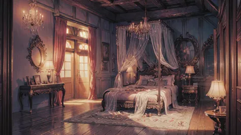 Best quality, masterpiece, ultra high res, raw photo, beautiful and aesthetic,deep shadow, fantasy theme,(ultra detailed:1.3), divine, royal bedroom, indoors, luxurious, canopy bed, full of curtains, pillows, jewelry, candlelight, queen chamber, pink room