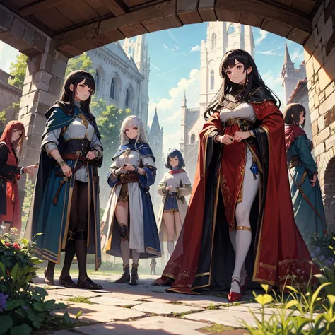 High quality, Ultra detailed, best quality, insanely detailed, beautiful, masterpiece, Vivid colors, Glossy skin, Group of women, Knights, Medieval, Fantasy