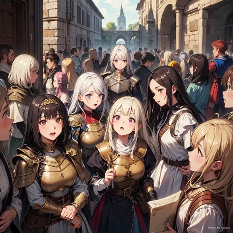 High quality, Ultra detailed, best quality, insanely detailed, beautiful, masterpiece, Vivid colors, Glossy skin, Group of women, Knights, Medieval, Fantasy