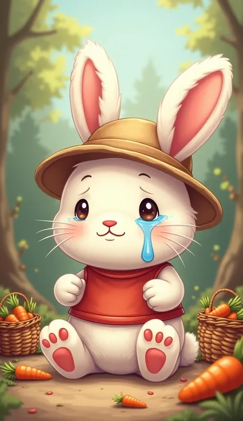 Features a fluffy white rabbit sitting tearfully dripping water in its eyes, around the rabbit there are baskets and scattered carrots, the bunny wears a hat and wears a red shirt, the rabbit was in the way of the estate, cute cute cartoon