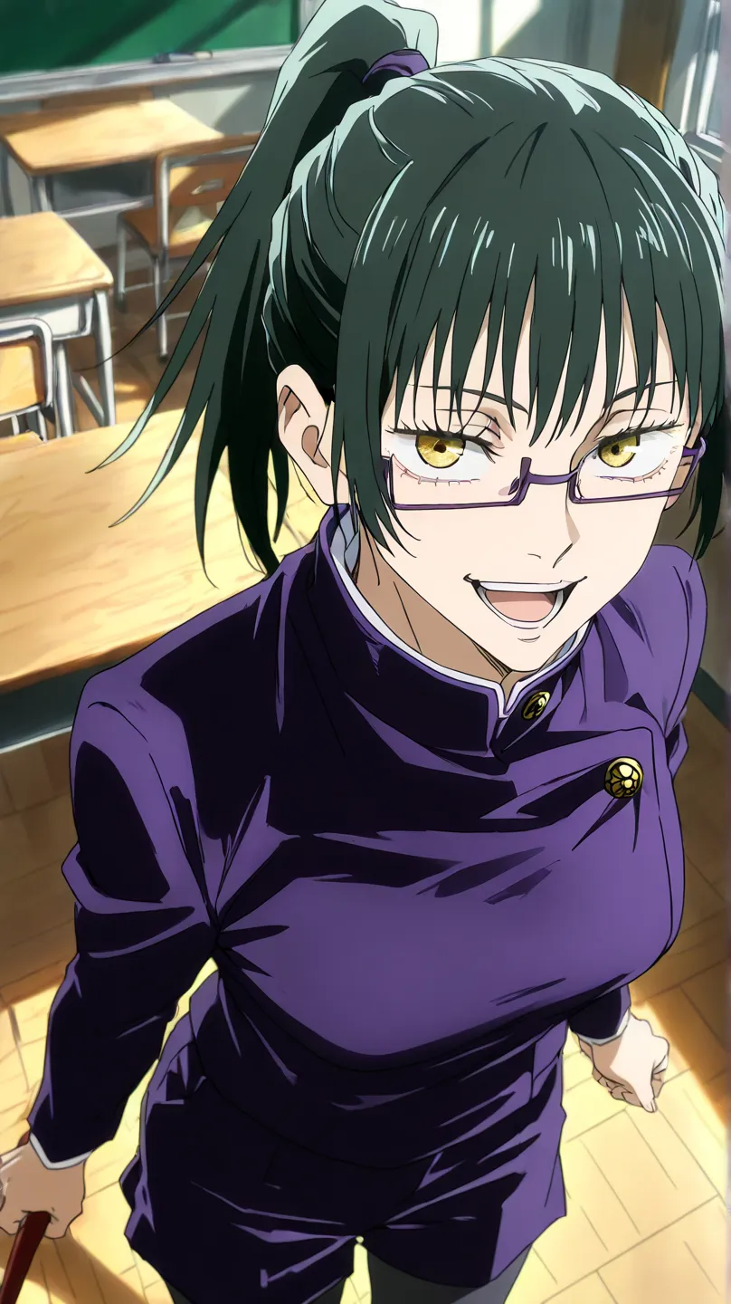 zenin maki,jujutsu kaisen
High quality ,  best quality , masterpiece,  High Resolution , detailed face( LoRA: Masumi),anatomically correct, detailed hair Style( LoRA: Masumi),anime Coloring
solo, 1 girl,cool woman
green_hair,glasses,yellow eyes,ponytail,sh...