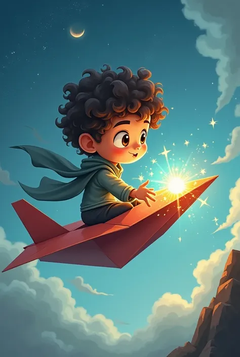  Create a cover for a story with the following title  "The Plane of Dreams and the Lost Treasure "  with a background image of a boy with curly hair holding a magic crystal in his hands riding a magic paper airplane that transported him to wonderful places...