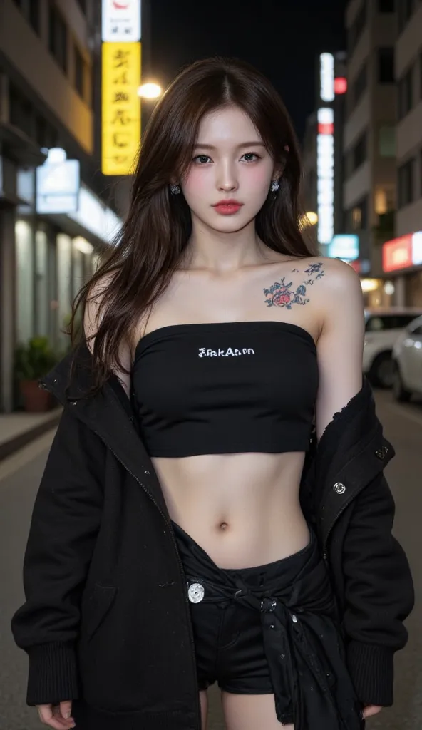 NSFW,
Film camera depiction,
Taken with a high-dispersion high-end lens,
Wide-angle lens,
Full-body shot,

at night,
A beautiful Korean girl is attracting customers at in the slums,
Her face has large burn scars,
((The burn scars have become ugly keloid sc...