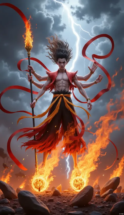 A vibrant lotus flower blooms, enveloped in swirling flames that dance gracefully around its petals. The petals are a radiant blend of orange and yellow hues, glowing warmly against a dark background. The fiery tendrils gently move and curl, casting flicke...