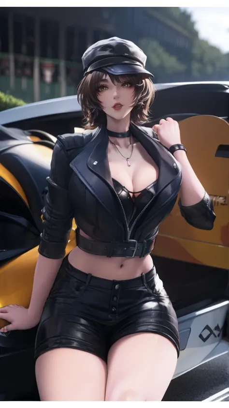 Draw shirly from ace racer doing sexy pose sweaty wasit big breast wearin bra only sweaty body ,wearing a hat