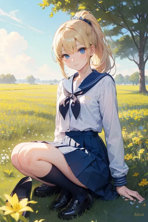 high quality, masterpiece, 1girl (ethnicity:1.0), (age:16.8), (detailed clothing:1.2), (accessories:1.1), (hair color:light blonde), (hair style:ponytail), (facial features:1.3), (expression:1.2) (smile:1.1), (body type:1.1), (pose:1.2) crouching on grassy...