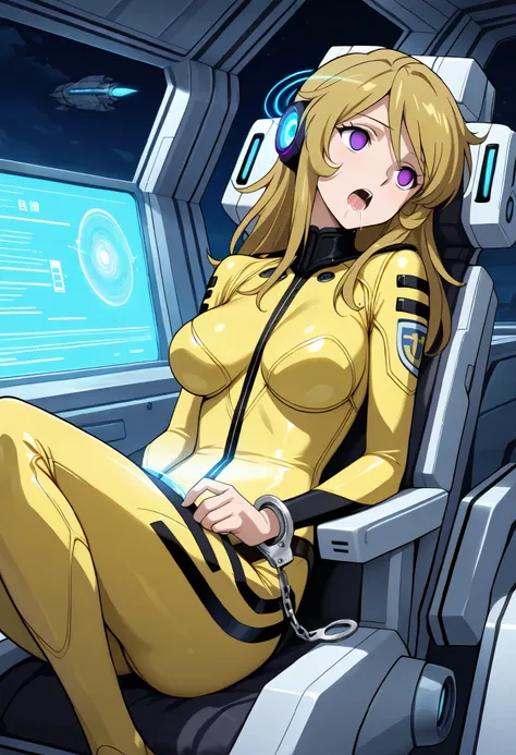 (masterpiece, best quality), , 1girl, fyuk1, solo, mori yuki, blonde hair, purple eyes, empty eyes, long hair, brainwashed facial expression, open mouth, Saliva, front view, looking away, head tilt, yellow_bodysuit, spacecraft, outdoor, sitting on chair,...