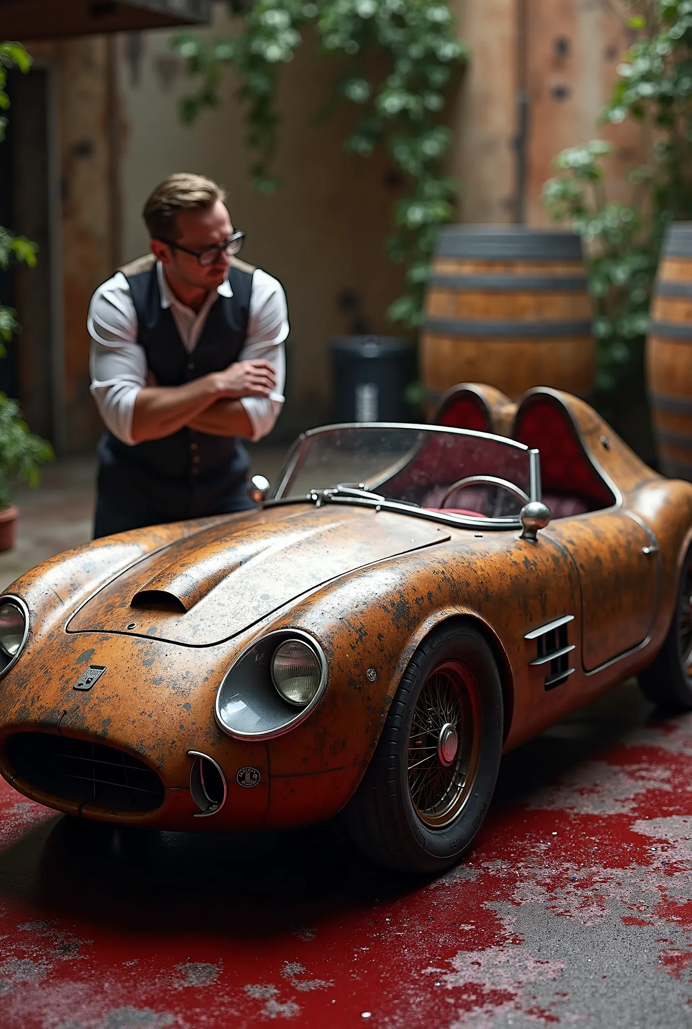 (A vintage sports car made from a wine barrel: 1.5), (made from barrels:1.3), has a barrel surface, (a sommelier is smelling the car: 1.5), full of wine, refueled with wine.