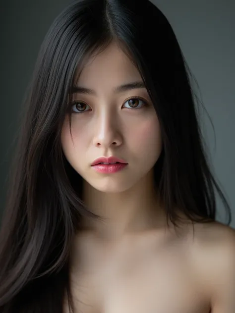 Professional photo shoot showing 16-year-old Hashimoto Kanna、((She is naked))、 she's just slightly chubby、She has beautiful breasts、 small nipples、Long black hair、 red lipstick、She has 、((Shoot so you can see everything from chest to butt))、pastel bokeh ef...