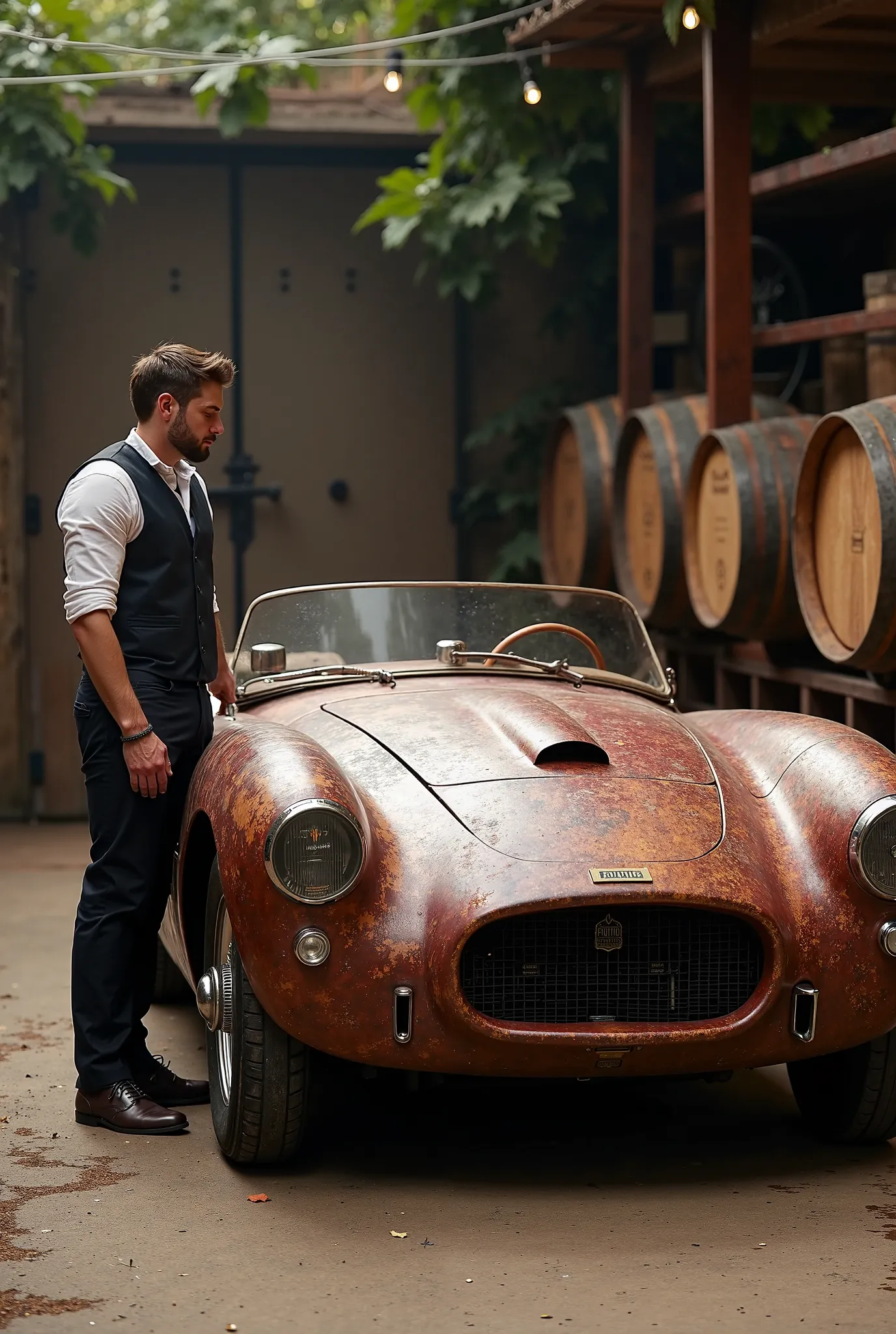 (A vintage sports car made from a wine barrel: 1.5), (made from barrels:1.3), has a barrel surface, (a sommelier is smelling the car: 1.5), full of wine, refueled with wine.