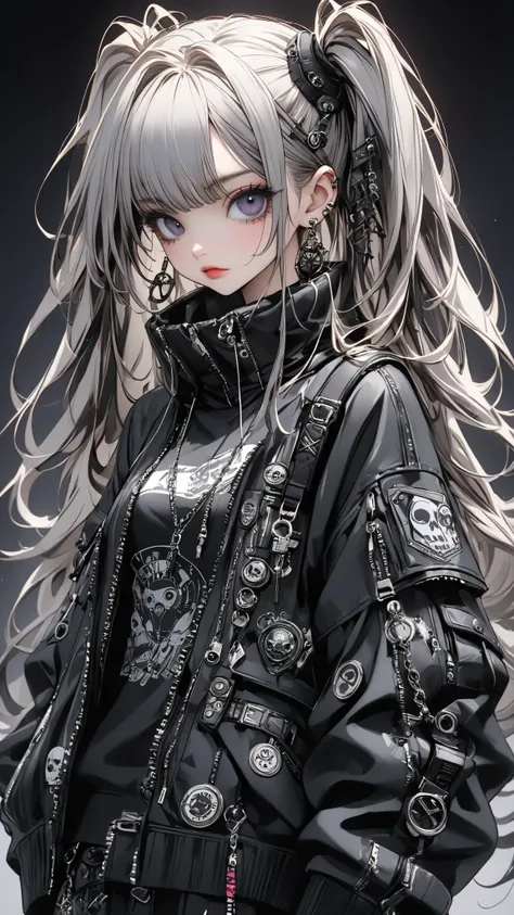 high definition,   top quality,   High Details , Tim Burton style、 girl, Future punk fashion、