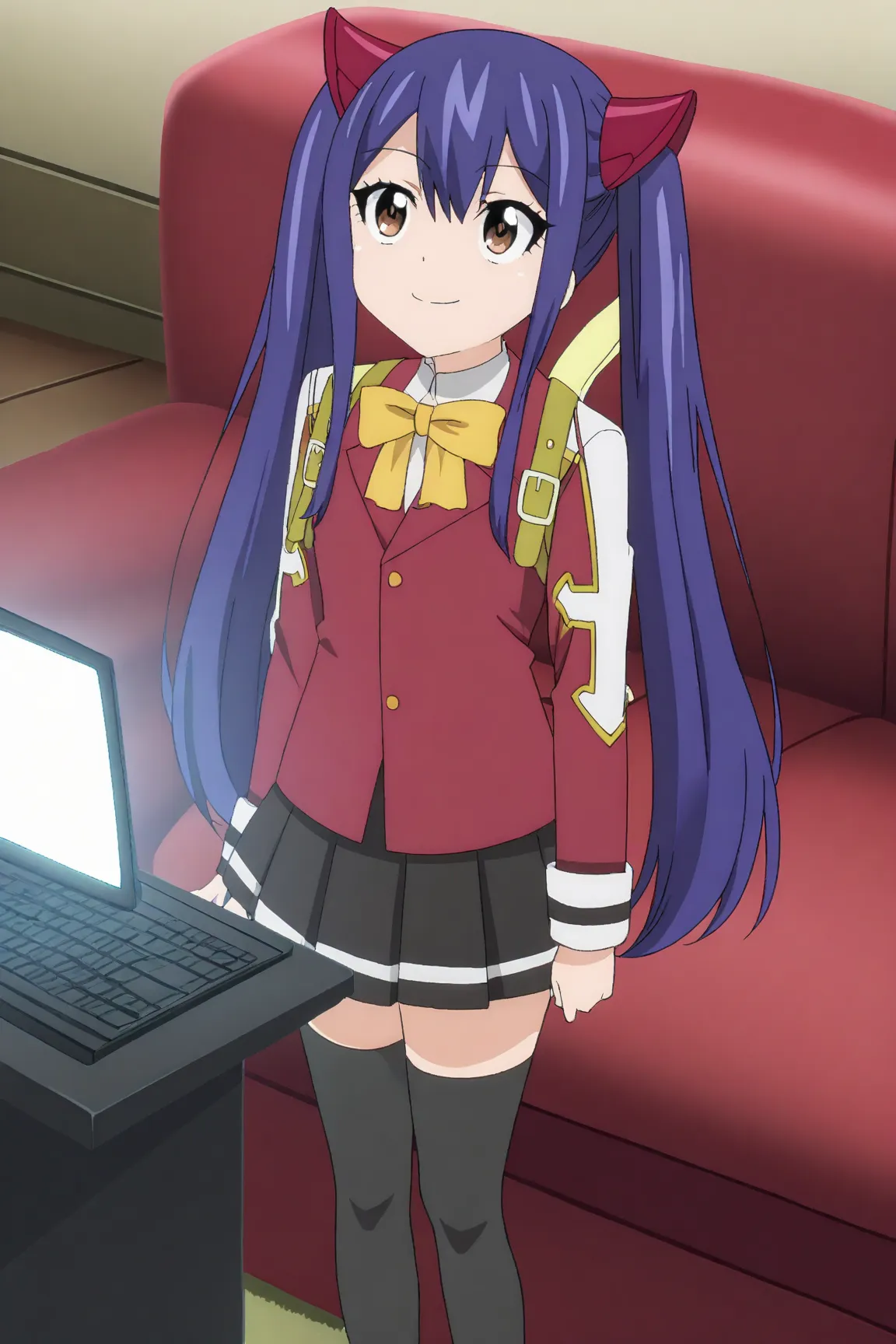 anime screencap, anime coloring, masterpiece, detailed face, 
inside,
Wendy's initial appearance (outfit), Wendy Marvell (character), 1girl, solo, twintails, thighhighs, brown eyes, skirt, long hair, bag, bow, black thighhighs, blue hair, backpack, pleated...