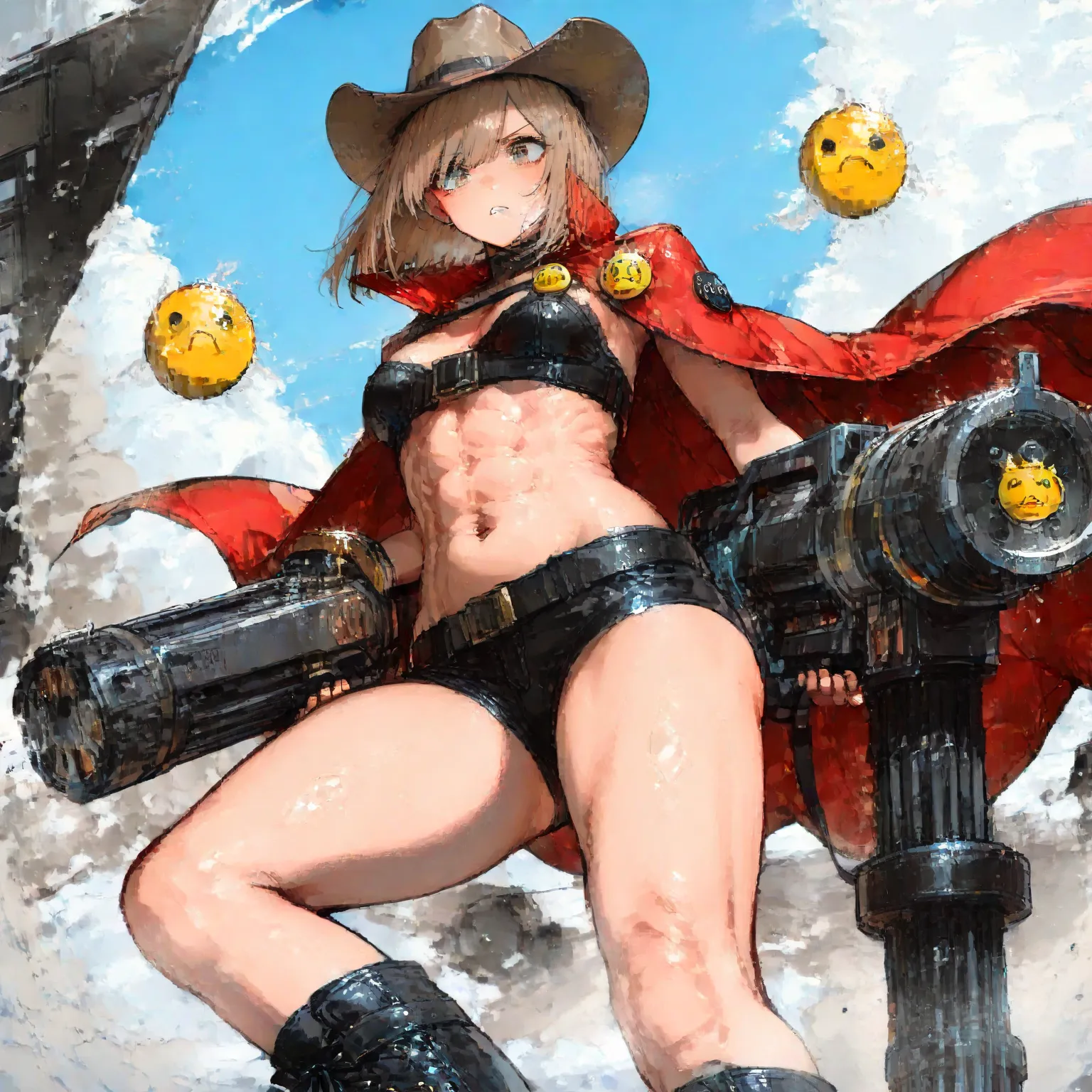 (masterpiece, highest quality, super detailed, 8K UHD, highly aesthetic, absurd, Intricate:1.2), a beautiful curvaceous woman\bob cut, wind:1.4\fluttering:1.3, small breasts, Plump thighs, Abs: 1.5, Dark skin:1.1, BREAK, light brown cowboy hat:1.2\yellow s...