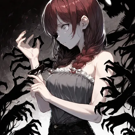  (Masterpiece, best quality), intricate details, solo, 1 girl, scared expression, shadowy aura, black wispy skeletal hands, dark red hair, low twin tails, hair ribbons, toned arms, small breasts, gray eyes, (gray strapless top, loose top, top with white fr...