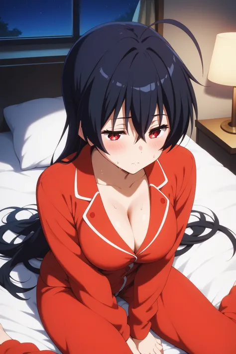 masterpiece,best quality,{{detailed beautiful face and eyes}}, very detailed background,
Touka Takanashi,{{{megami magazine}}},long hair,black hair,ahoge,hair between eyes,red eyes,half closed eyes,large breasts,
((red pajamas)),
1girl,cleavage,(is aroused...