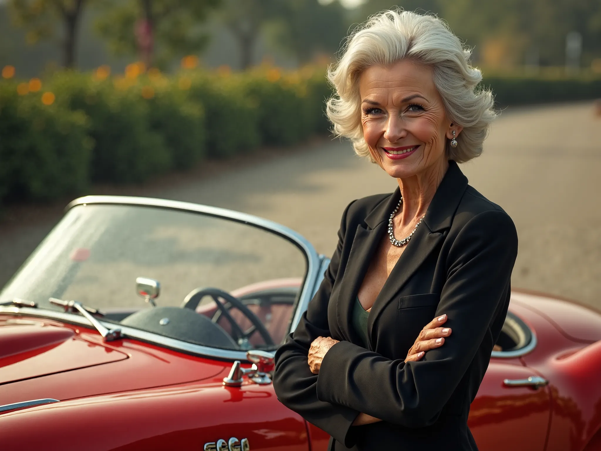 (Smiling very old woman standing next to a classic sports car:1.5), (vintage woman), sexy pose,