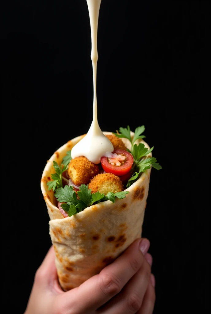 The image shows a wrap sandwich (possibly shawarma or falafel) held in a hand, with creamy white sauce being poured over it. The sandwich is wrapped in Arabic flatbread and contains ingredients like chopped vegetables (tomatoes, parsley), fried potato, and...