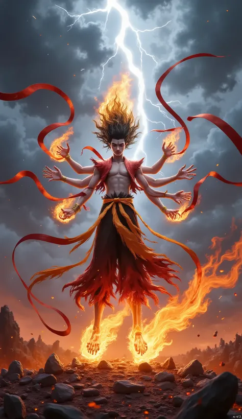 A vibrant lotus flower blooms, enveloped in swirling flames that dance gracefully around its petals. The petals are a radiant blend of orange and yellow hues, glowing warmly against a dark background. The fiery tendrils gently move and curl, casting flicke...
