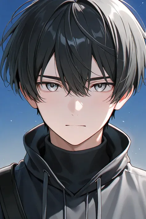 Anime boy with short black hair and grey eyes
