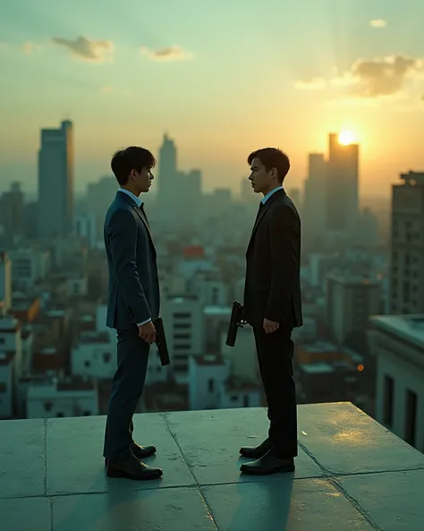 everything is a doll, "A wide-angle view of a rooftop platform higher than the surrounding buildings. Two young men stand apart at a noticeable distance, facing each other. One is Asian, and the other is European. Both are dressed in relaxed suits and hold...