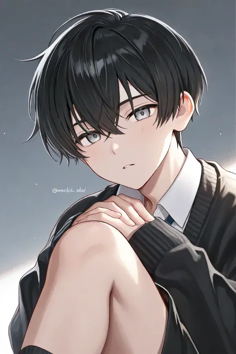 Anime boy with short black hair and grey eyes
